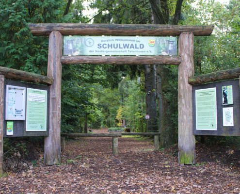Eingang zum Schulwald Tetenhusen, mit Infotafeln an den Seiten